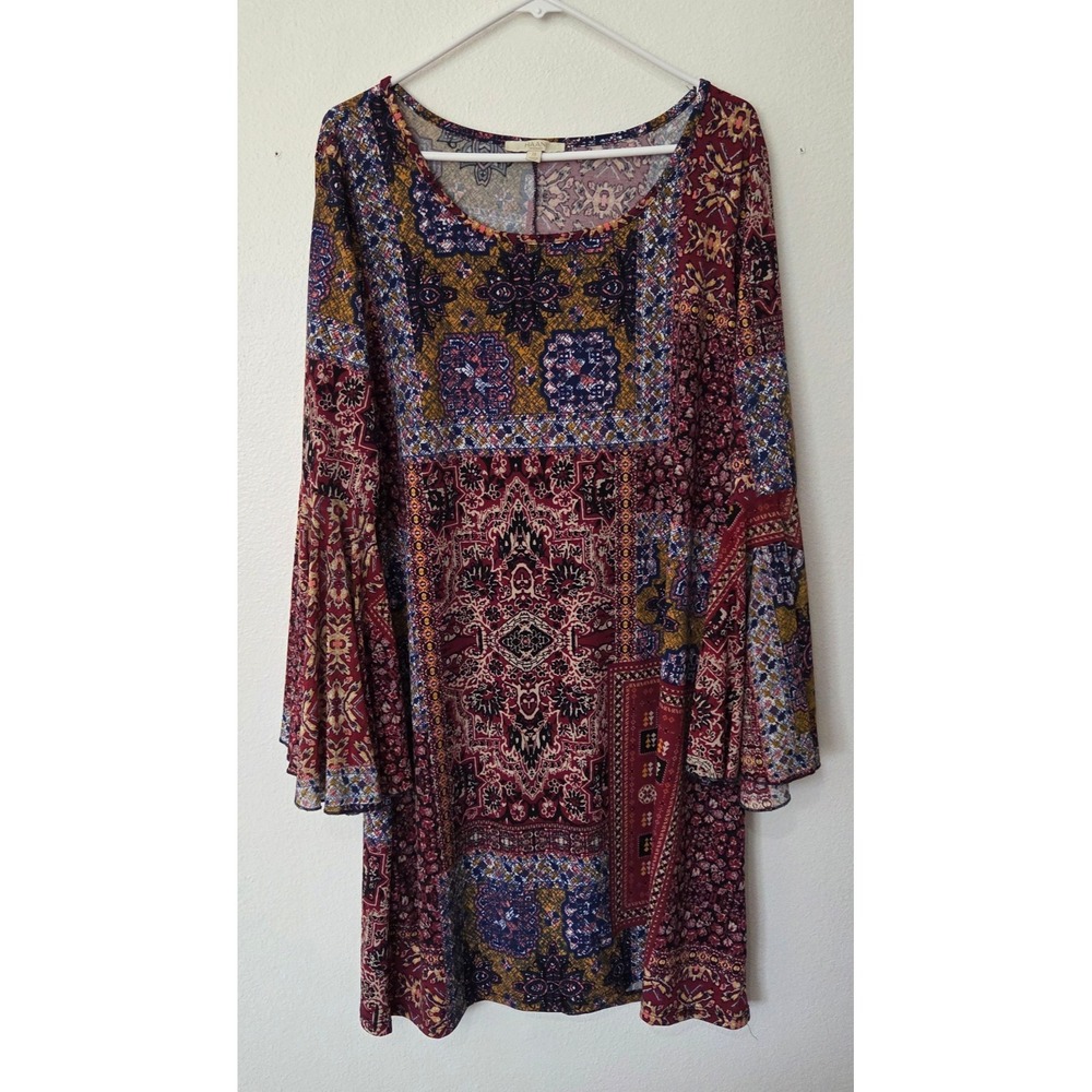 HAANI Womens 2X Paisley Patchwork Shift Dress Bell Sleeve Fall Festival Boho